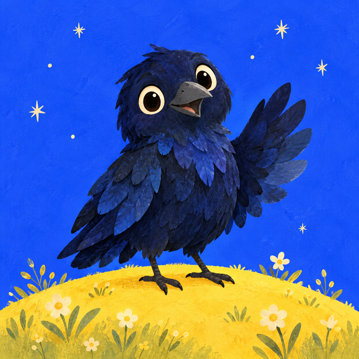 Kkama, a cheerful dark blue raven, raising a wing in a colourful storybook world